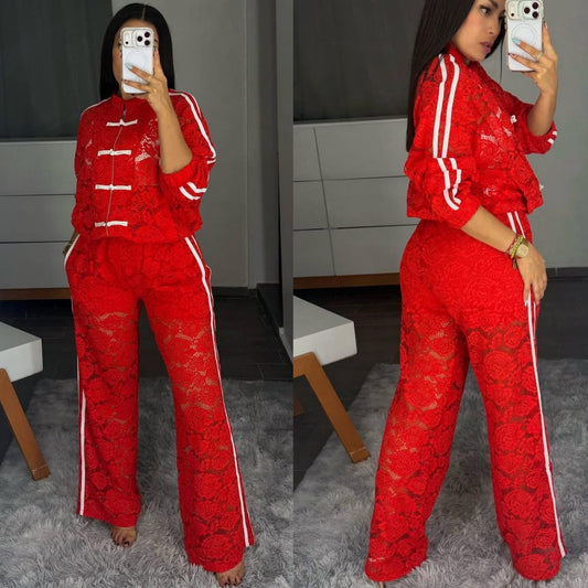 SET PANTALÓN Y CHAQUETA ENCAJE ROJO
