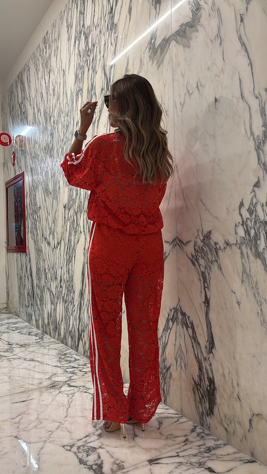 SET PANTALÓN Y CHAQUETA ENCAJE ROJO