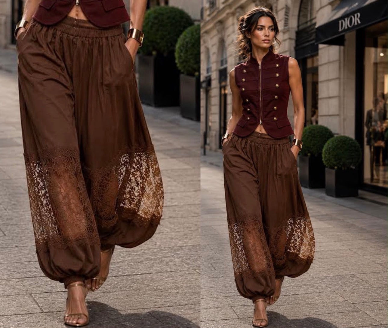 PANTALÓN GLOBO CINTURA ELÁSTICA CAFÉ