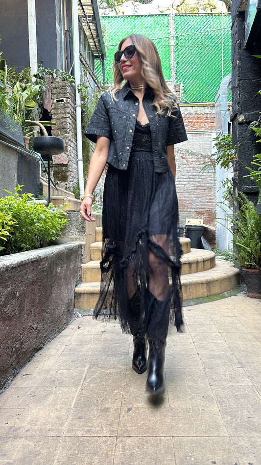 CAMISA DARK DENIM BRILLOS