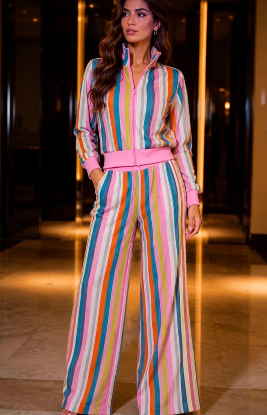 CONJUNTO CHAQUETA Y PANTALÓN RAYAS COLORES