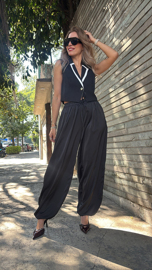 PANTALÓN GLOBO CINTURA ELÁSTICA NEGRO