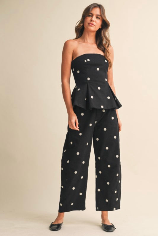 POLKADOTS SET CON TOP STRAPLESS Y PANTALÓN BARREL