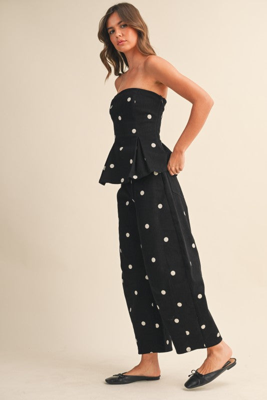 POLKADOTS SET CON TOP STRAPLESS Y PANTALÓN BARREL