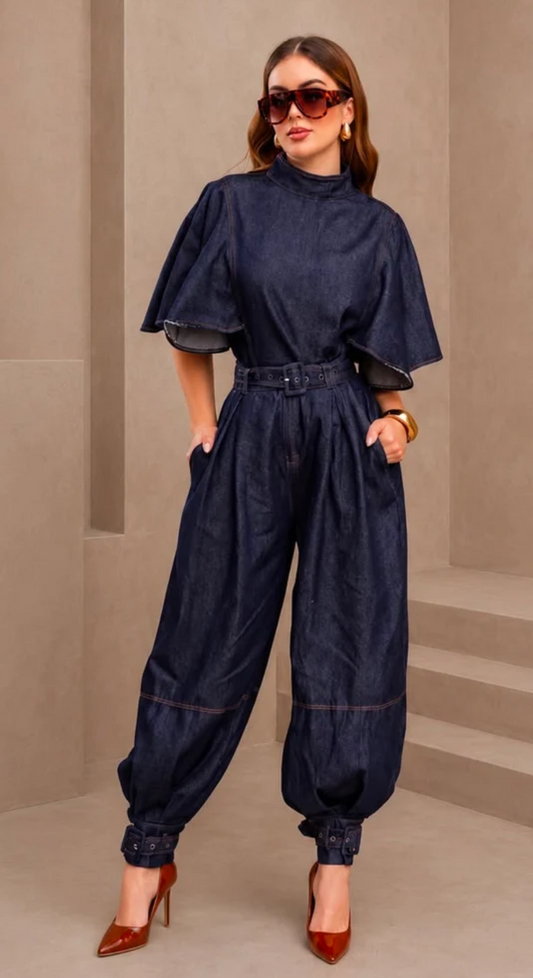 SET PANTALÓN GLOBO Y BLUSA TIPO CAPA DENIM