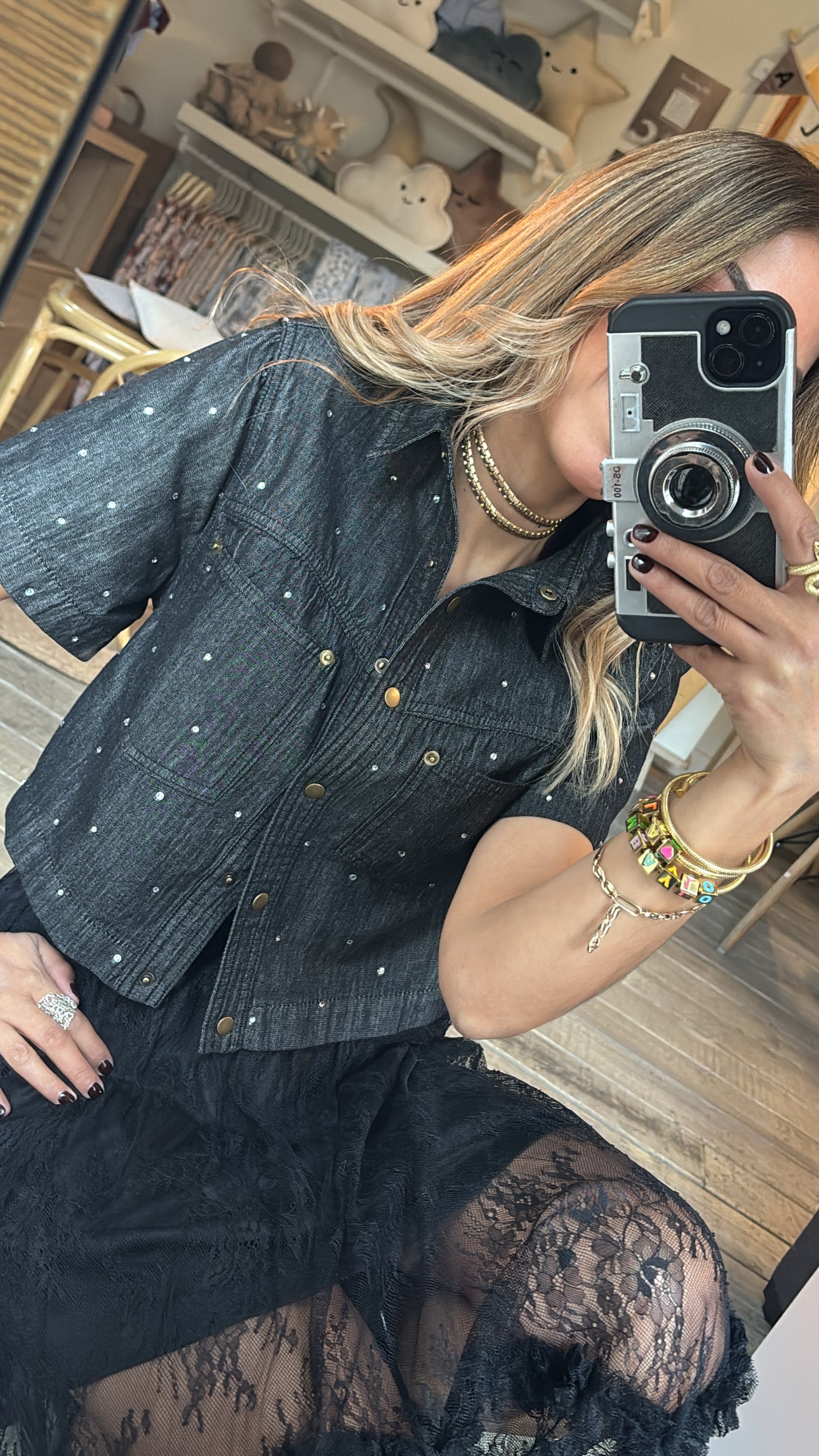 CAMISA DARK DENIM BRILLOS