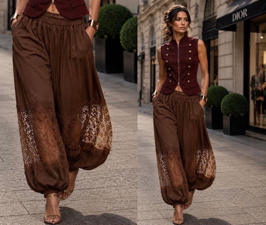 PANTALÓN GLOBO CINTURA ELÁSTICA CAFÉ