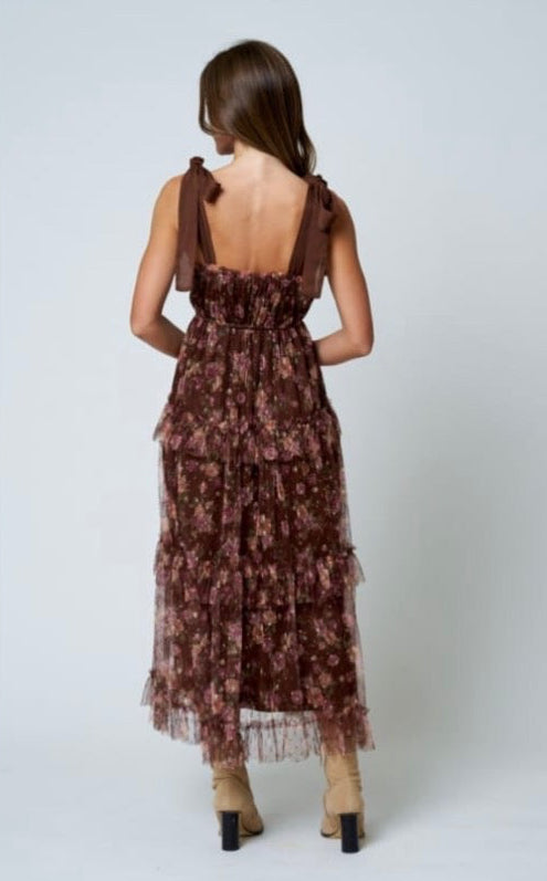 VESTIDO FLORES GASA CAFÉ