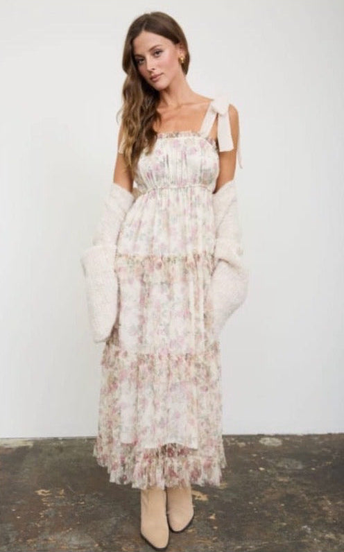 VESTIDO FLORES GASA BEIGE