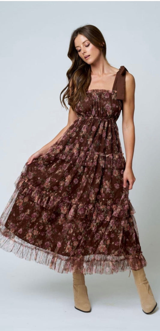 VESTIDO FLORES GASA CAFÉ