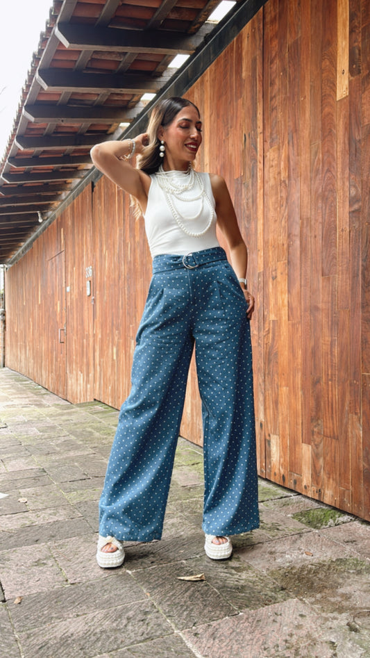 PANTALÓN VESTIR LUNARES AZUL