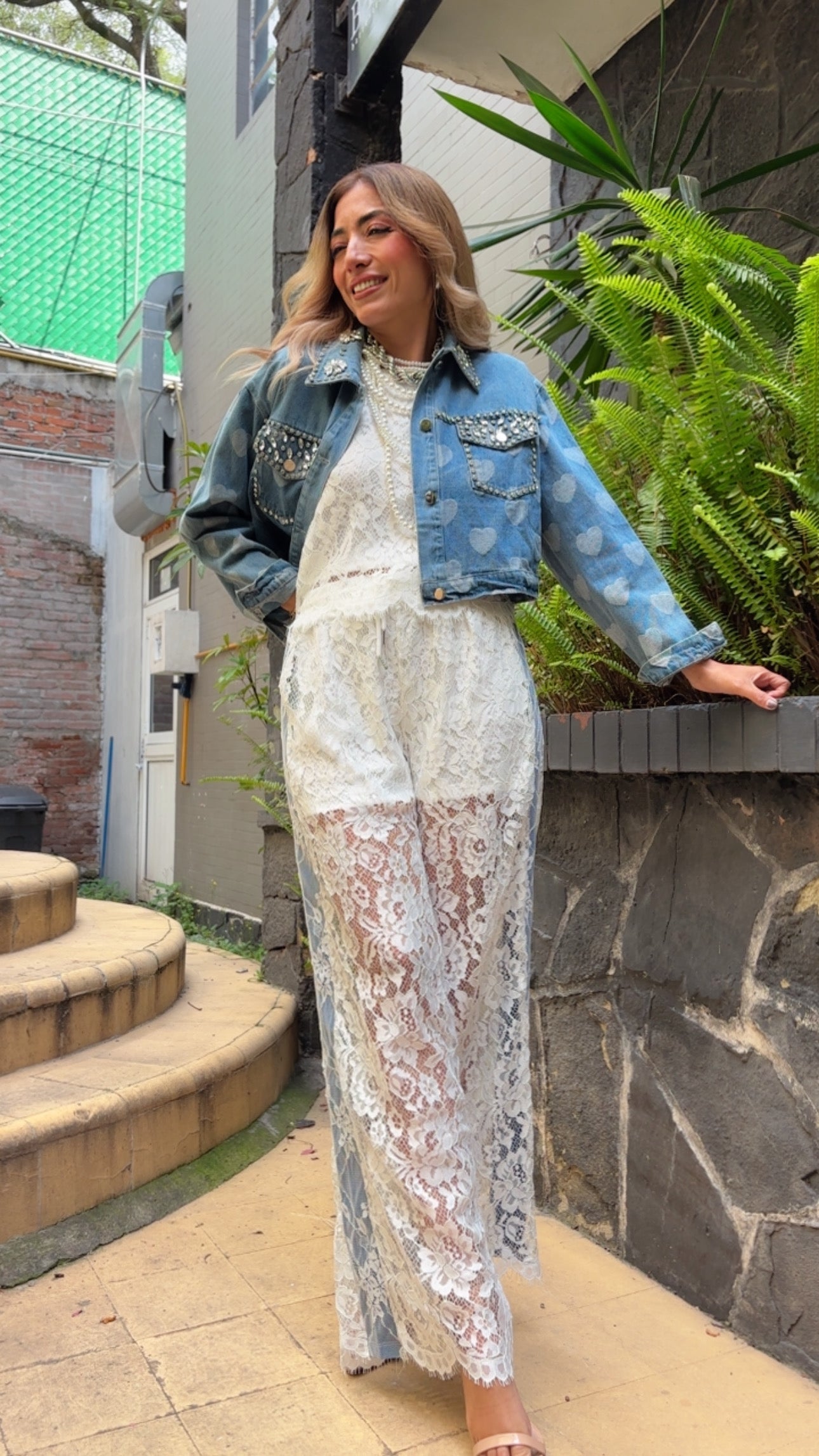 SET PANTALÓN Y TOP ENCAJE BLANCO