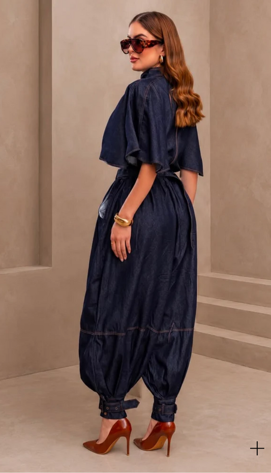 SET PANTALÓN GLOBO Y BLUSA TIPO CAPA DENIM