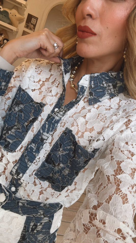 SET ENCAJE Y DENIM BLANCO