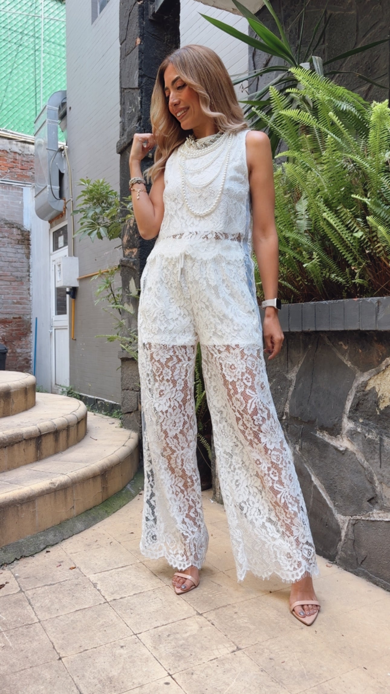 SET PANTALÓN Y TOP ENCAJE BLANCO