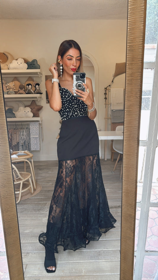 FALDA LARGA ENCAJE NEGRO