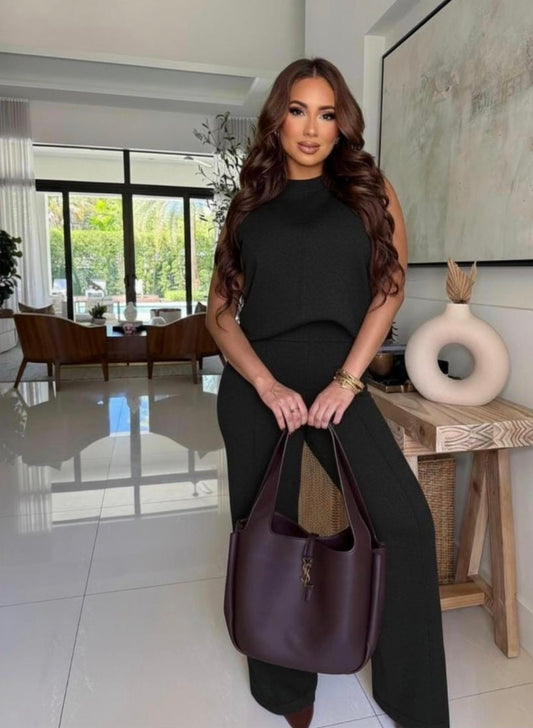 SET DE CHALECO Y PANTALÓN TEJIDO DE PUNTO NEGRO