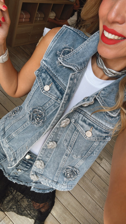 CHALECO DENIM FLORES