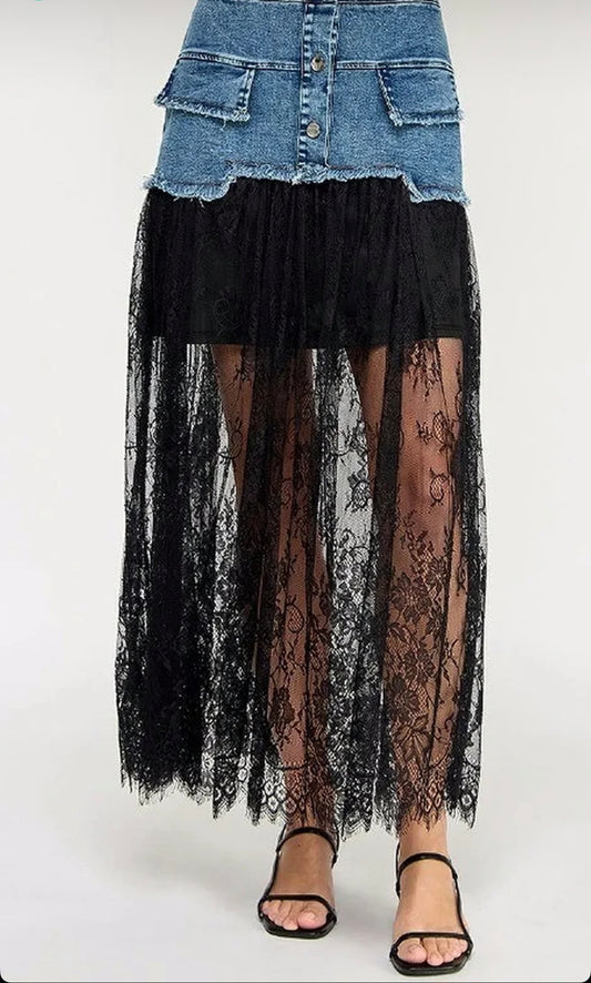 FALDA PRETINA DENIM ENCAJE NEGRO